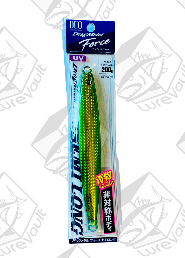 duo metal jig drag metal force semi long 200 grams uv green gold