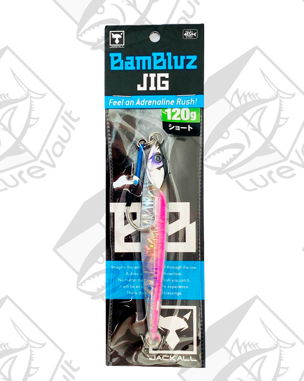 jackall metal jig bambluz short 120 grams uv laserpink
