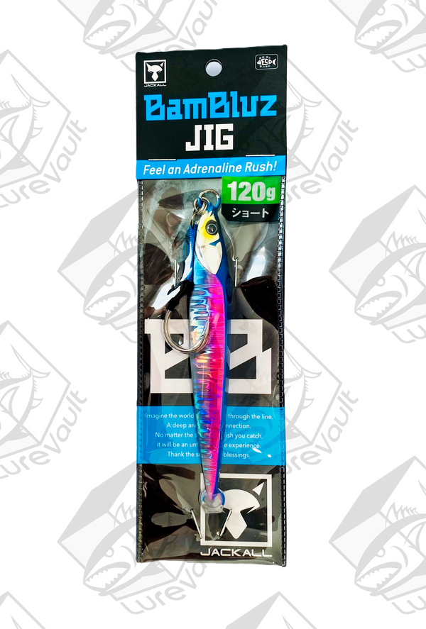 jackall metal jig bambluz short 120 grams sexy blue pink