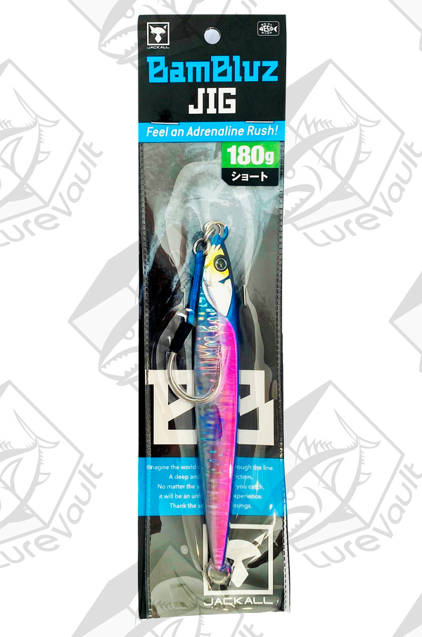 jackall metal jig bambluz short 180 grams sexy blue pink