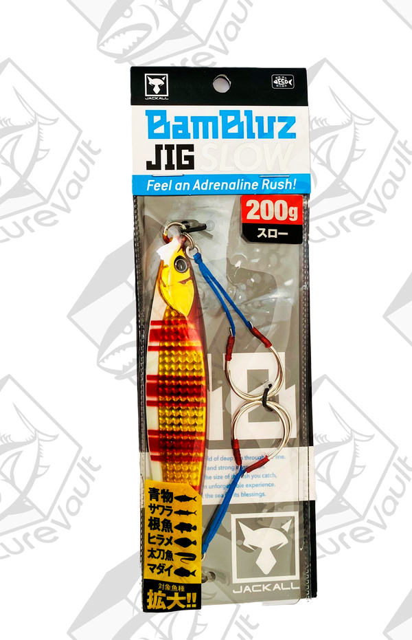 jackall metal jig bambluz slow 200 grams glowbelly red & gold stripe